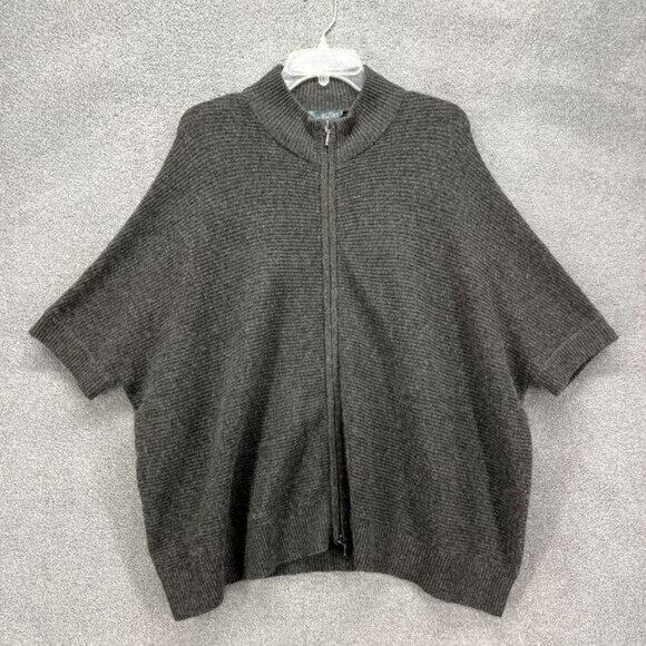 Griffen Cashmere Sweater Womens Medium Gray Short Sleeve Oversized Full Zip - Picture 1 of 16